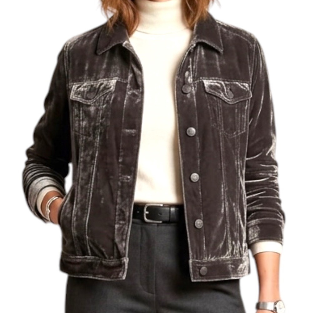 Sundance Crushed Velvet Trucker Jacket Gunmetal Gray Shimmer Button Up Silk L